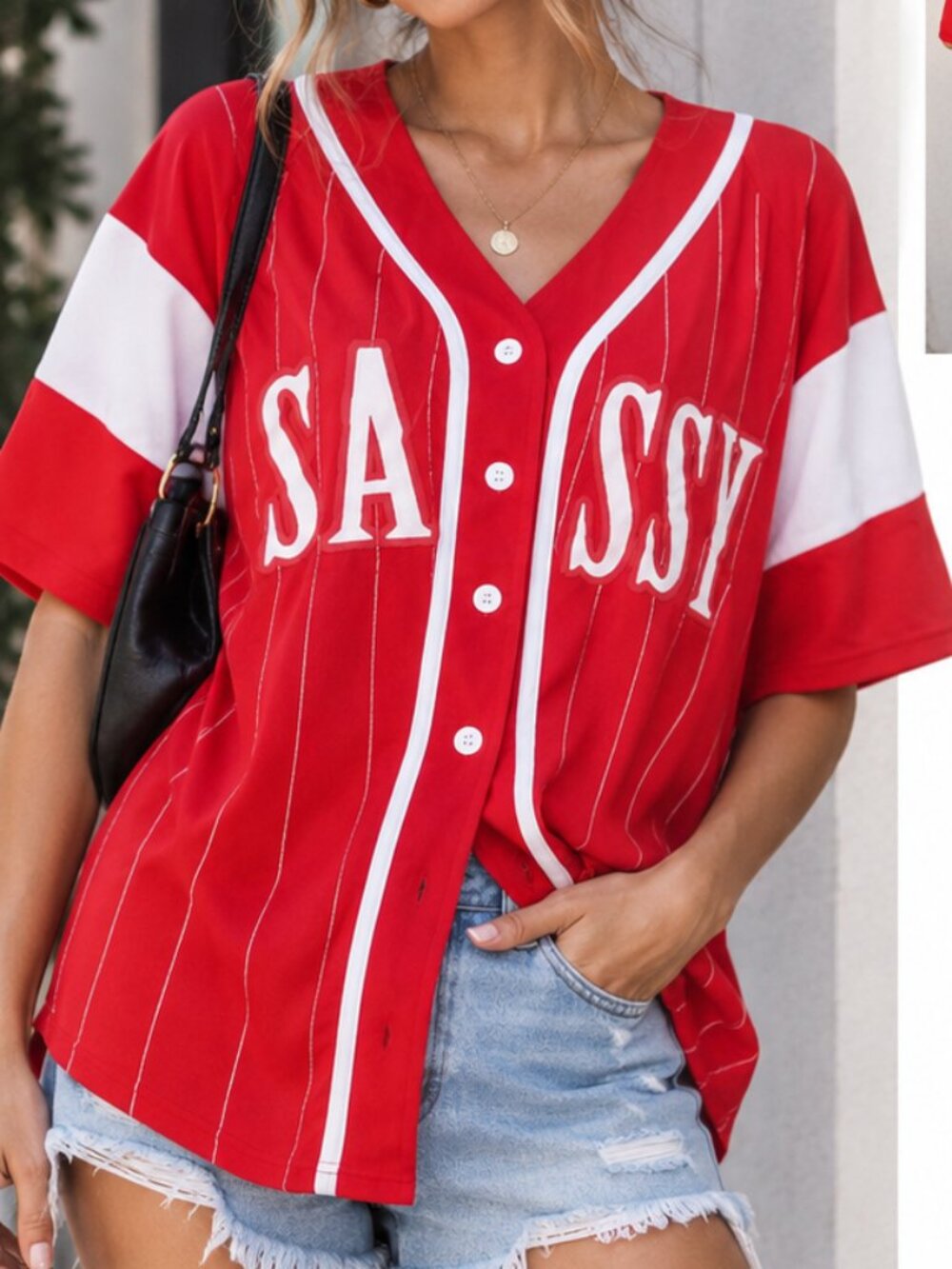 Loud SASSY Baseball Jersey Shirt Top Red & White Pinstripe Button Down Oversized